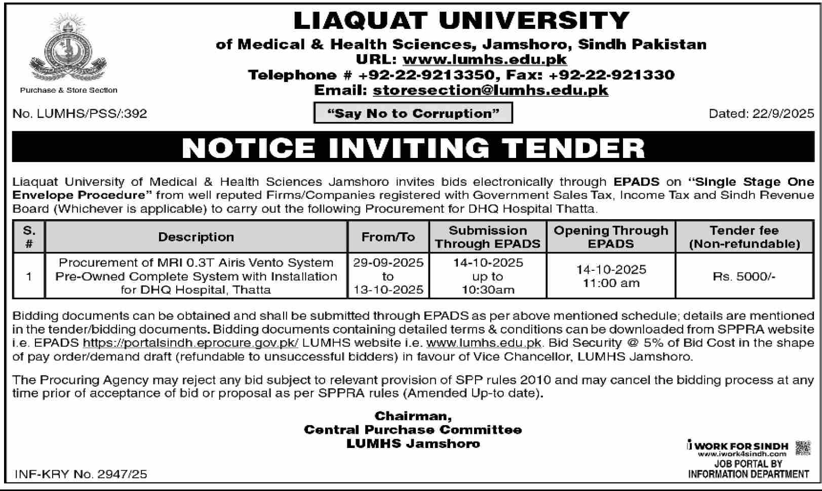 Liaqat University of Medical & Health Sciences Jamshoro Tender Notice